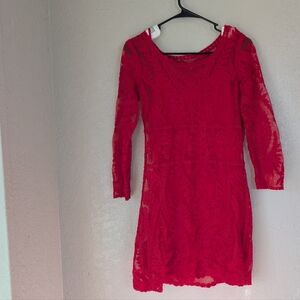 Express Elegant Red Lace Dress Small Petite Semi sheer Romantic Coquette Fairy